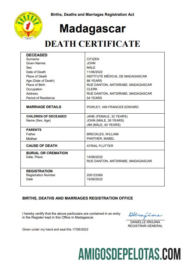 Em branco modelo Word e PDF de certidão de óbito de registro vital de Madagascar